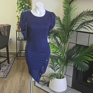 Blue Asymmetrical, Button Front, Sweater Dress